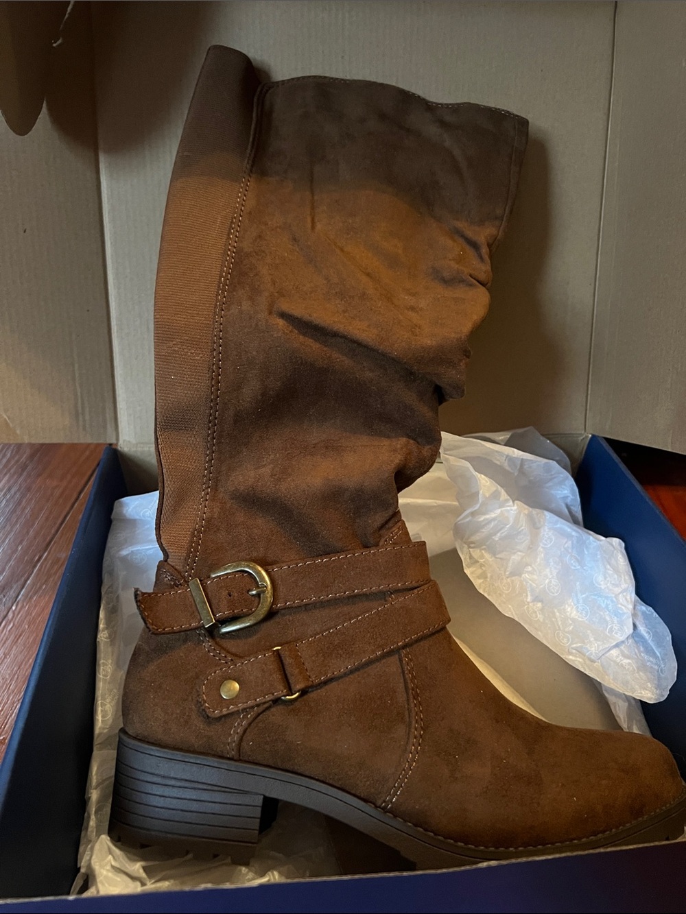 White Mountain Brown Suede Mid-Calf Heeled Boots with Buckle